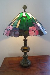 A Brass Table Lamp By Nova With Tropical Stained Glass Design Shade - In Working Condition