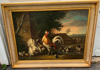 Beautifully Framed Barnyard Birds Painting ~ Signed William ~ Oil On Canvas