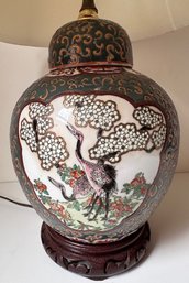 Vintage Chinese Hand Painted Lamp With Wood Base & Fabric Shade