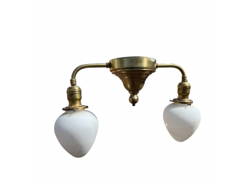A Victorian Style Brass And Opaline Double Light Tear Drop Shade Semi-flush Ceiling Fixture