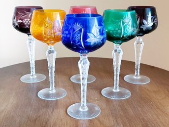 A Set Of 6 Colorful Bohemian Crystal Wine Goblets