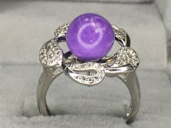 Wonderful 925 / Sterling Silver Ring With Lilac Howlite And White Sapphires - Very Delicate - Brand New !