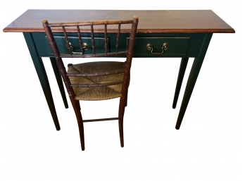 Two-Drawer Hunter Green Writing Desk With Bamboo Chair