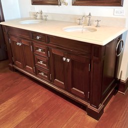 A Custom Mahogany Finish Double Vanity - Waterworks Julia Hardware - Stone Top - Primary Bath A