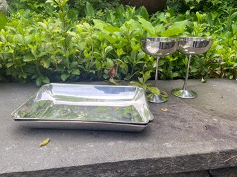A Pair Of Silverplate Champagne Coupes With Petite Serving Tray Pair