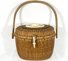 Vintage Barlow Nantucket Woven Basket With Lining & Shell Plaque