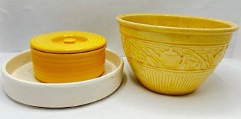 Vintage Robinson Ransbottom Mixing Bowl, Vintage McCoy White Platter & Bauer Yellow Container