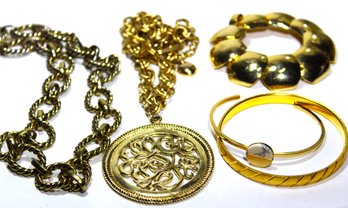 Lot Of Five Vintage Gold Tone Jewelry Necklaces And Bracelets Incl. MONET