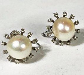 14K White Gold Diamond And Pearl Screw Back Earrings 5.76 Grams