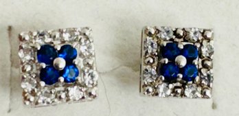 STERLING SILVER BLUE AND WHITE CZ SQUARE FORM STUD EARRINGS