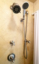 A Brushed Steel And Porcelain Built IN Shower Assembly, Possibly Waterworks