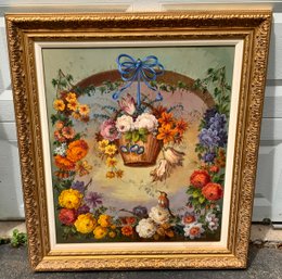 Beautifully Framed Painting Flowers In A Basket With A Blue Ribbon ~ Signed Albert ~ Oil On Canvas