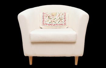 Off White Barrel Club Chair With Small. Crewel Floral Pillow