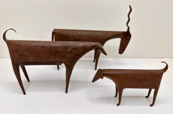 3 Vintage Folded Sheet Metal Figurines: Antelope & Dogs