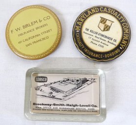 A Trio Of Advertising Pocket Mirrors & Paperweight