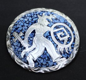 Vintage Mexican Sterling Silver Brooch Crushed Lapis Inlay Warrior In Wolf Costume