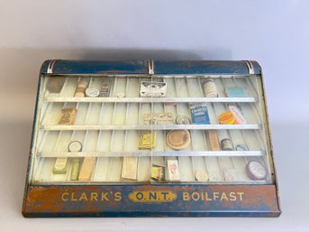 Antique Clarks Boilfast Metal Store Display Case With Contents