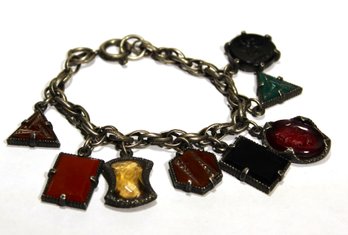 Vintage Charm Bracelet Having Glass Shaped Cameo Geometric Charms