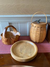 Wood Collection Burl Basket Longaburger Pumpkin With Lid Turned Platter Dish