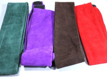 Lot Four Genuine Suede Leather Purple, Green, Brown And Red Belts Velcro