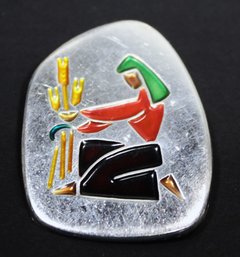 MCM Hand Painted Sterling Silver Israeli Brooch Woman W Wheat