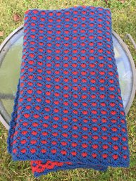 Vintage Blue & Red 2-Sided Hand Made Afghan Blanket