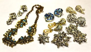 Lot Vintage Rhinestone Earrings, Necklace And Pins