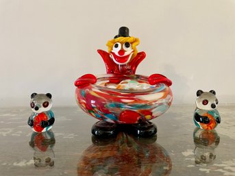 Colorful Art Glass Clown Dish & Panda Bears