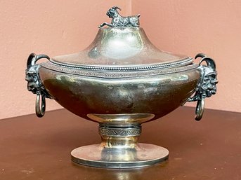 A Large, Antique Sterling Silver Lidded Compote With Ram's Head Motif