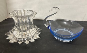 Viking Glass Blue Base Swan Candy Dish & Crystal Starburst Candle Holder. BS/ D3
