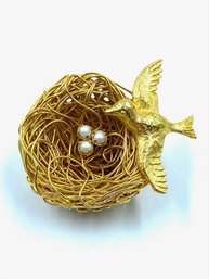 Vintage Signed Jeanne Goldtone Figural Bird & Nest Brooch