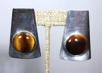 Great Pair MCM Mid Century Modern Sterling Silver Tiger's Eye Pierced Earrings