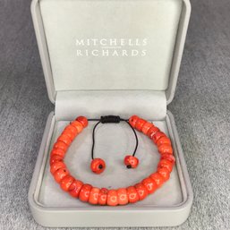 Very Pretty Adjustable Orange Chunky Bead Coral Bracelet With Black Silk Cord - Made To Sell For $250 - Nice !