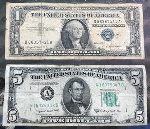 Vintage U.S. Currency Lot - 1957 $1 Silver Certificate & 1950 $5 Federal Reserve Note