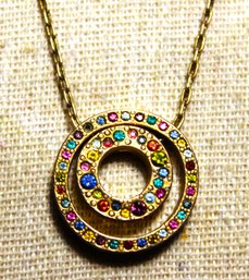 Signed Patricia Locke Gold Tone Multi Colored Rhinestone Circular Pendant Necklace