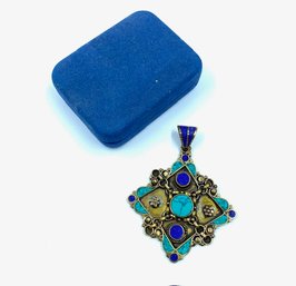 Stunning Vintage Turquoise & Lapis Lazuli Micro Mosaic Style Brass Pendant