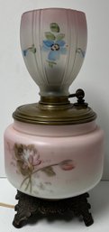 Old Victorian Pink Table Lamp - Electrified Kerosene - Glass Brass - Floral - Shade Marriage - 18 3/8 Inches H