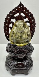 Citrine Carved Buddha Figurine On Carved Wood Stand