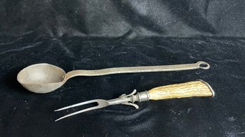 Antique Serving Ladle And Authentic Antler Handled Serving Fork