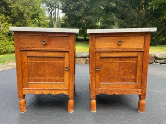 Pair Of Beautiful Antique Oak & Marble Nightstands