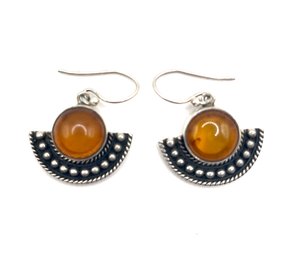 Vintage Sterling Silver BOMA Designer Amber Color Ornate Dangle Earrings