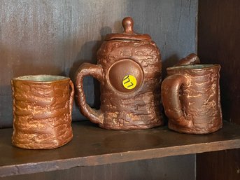 UNUSUAL HAND BUILT TEAPOT AND MUGS