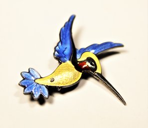 Signed Scandinavian Sterling Silver Hummingbird Multi Color Enamel Brooch