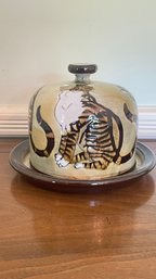 A VINTAGE Rare Chelsea Pottery Covered Cheese Dish Joyce Morgan Tabby Cat Design England