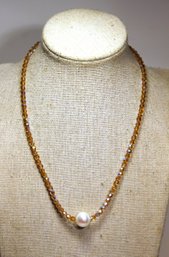 Vintage Aurora Borealis Crystal Beaded Necklace W Large Genuine Pearl