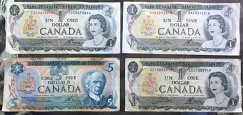 Vintage Canada Currency Lot - 3, 1973 $1 Queen Elizabeth Notes & 1, 1979 $5 Sir Laurier Note