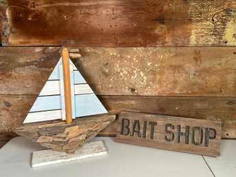 Wooden Bait Shop Sign & Wooden Sailboat Decor