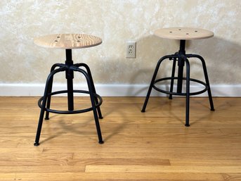 A Pair Of Industrial Kullaberg Stools By IKEA With Metal Frames & Pine Seats