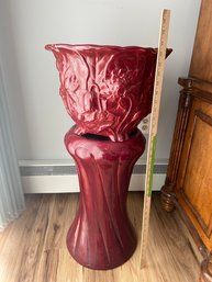 Ceramic Burgundy Floral Relief Planter Pot With Stand 32'Jardinier A Real Beauty