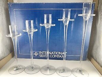 Set Of 5 Graduated Clear Glass Candlesticks By International Silver Company
